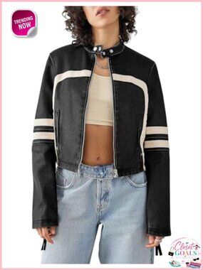 Faux Leather Cropped Moto Biker Jacket Zip Up Fitted